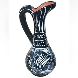 Mexican Pottery Pitcher Black White Bird Jug Vase Folk Art Cultural Southwestern